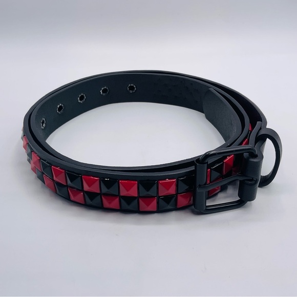 Punk Studded Belt 2 Row Pyramid Emo Stud PU Rock Goth Scene Rivet Black Red Pink - Picture 5 of 11
